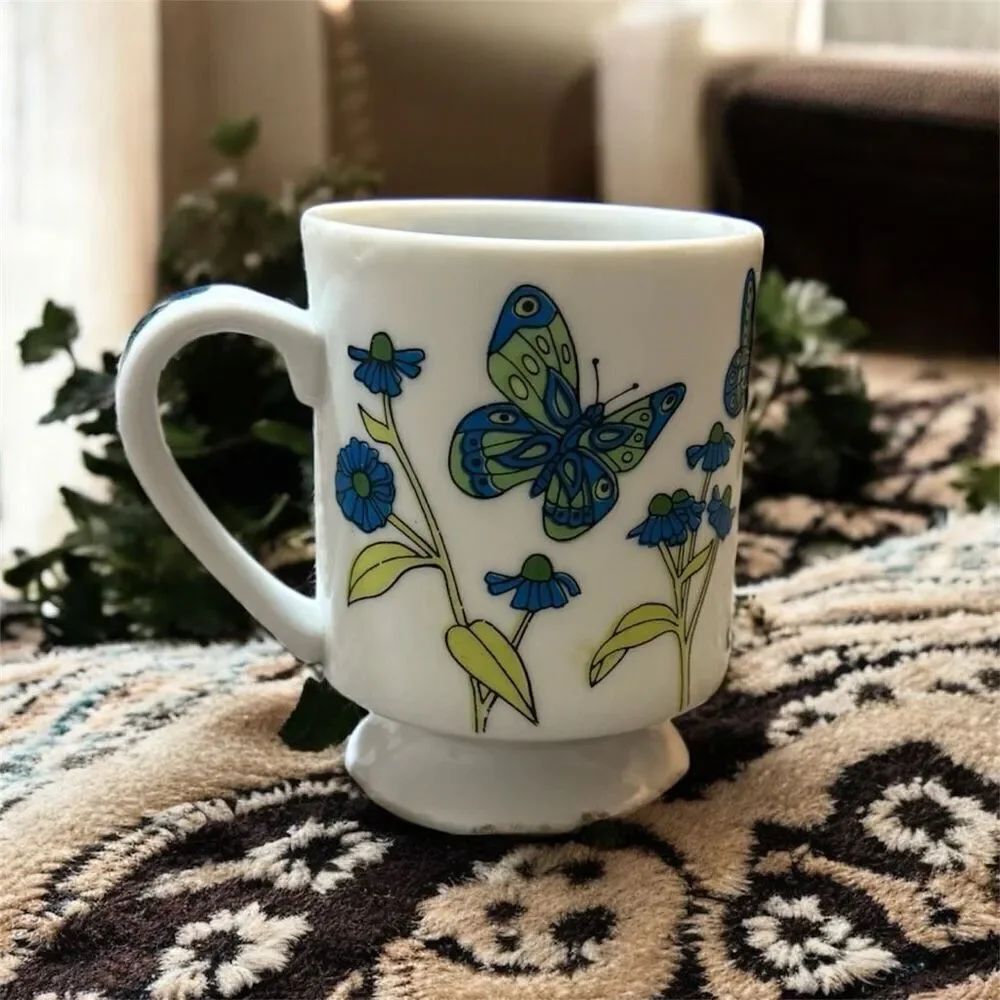 Vintage Butterfly Milk Glass Mug Small Foot Handle 1970s 1960s Mod Espresso